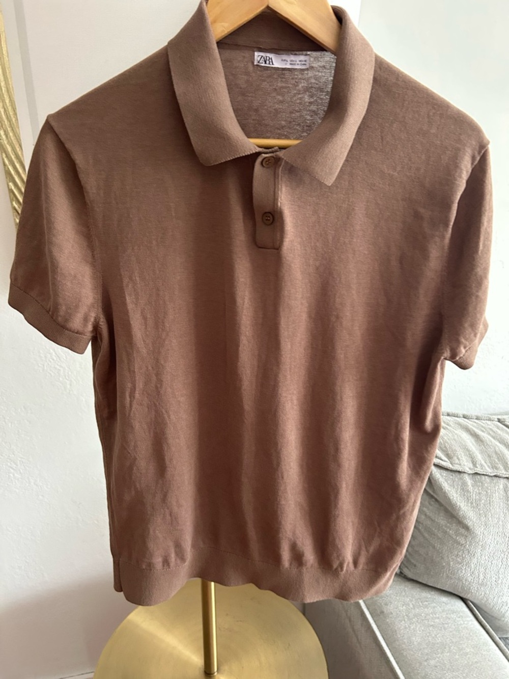 Zara Men’s Short-Sleeve Knit Polo in Warm Brown L Cotton Silk preppy